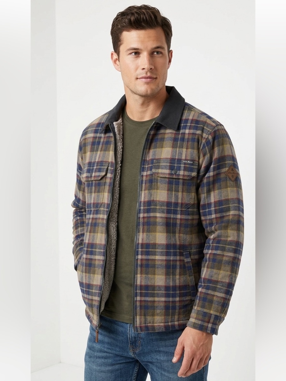 Eddie Bauer Shearling Lined Shirt Jacket Mens Size M Gorpcore Flannel Sherpa